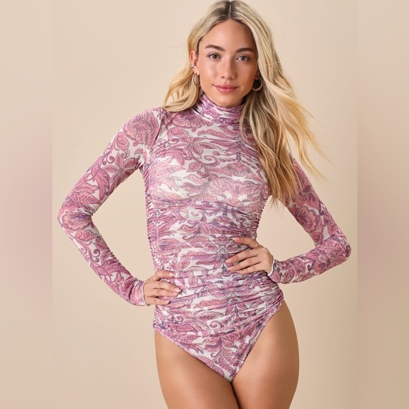 Free People X REVOLVE Under It All Bodysuit Ruched Long Sleeve Peony Combo XS - Picture 2 of 11